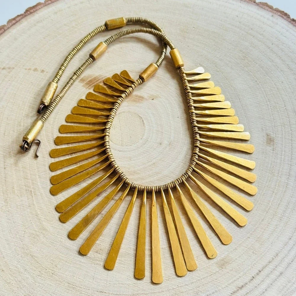 VTG‎ Regal Collar Textured necklace Egyptian Style Runway Statement Brass chunky